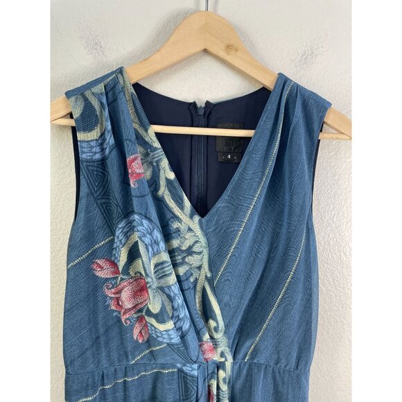 Anna Sui Womens 4 Blue Floral Sleeveless Dress V Neck Asymmetrical Hem - Picture 7 of 9